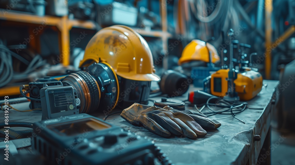 High-Tech Mining Safety Equipment Laid Out on Table High-Tech Mining Safety Equipment Laid Out on Table