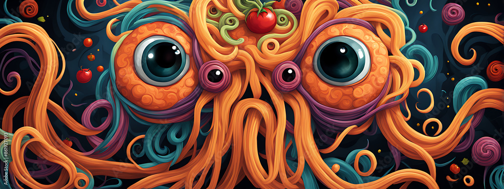 Naklejka premium Spaghetti monster pasta flying halloween funny food pastafarian sauce cartoon. Pop spaghetti pasta monster dish scary head art spooky fun meatball humor tomato isolated atheist religious lunch holy. 