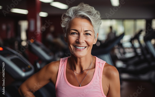 A senior woman with short, gray hair smiles brightly at the camera, wearing a pink tank top and standing in a gym with treadmills in the background Free Download A senior woman with short, gray hair smiles brightly at the camera, wearing a pink tank top and standing in a gym with treadmills in the background - GFXLoad