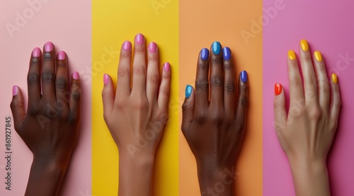 Four Hands With Different Nail Polish Colors Against a Blue Background