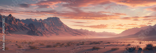 Desert landscape at sunset with mountains in the background, panoramic view. Nature and tranquility concept
