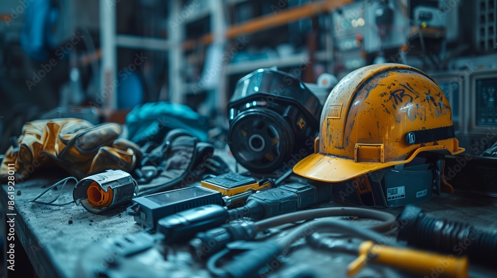 High-Tech Mining Safety Equipment Laid Out on Table High-Tech Mining Safety Equipment Laid Out on Table