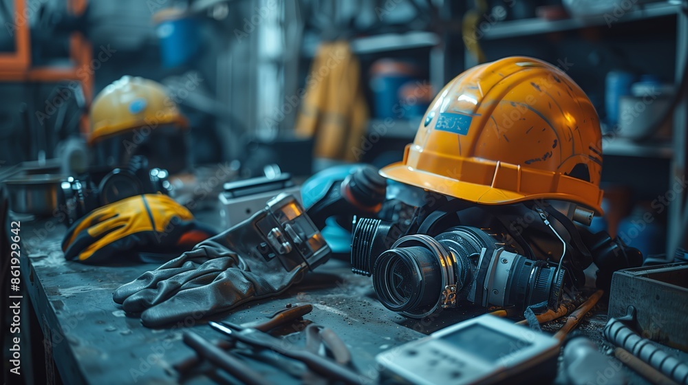 High-Tech Mining Safety Equipment Laid Out on Table High-Tech Mining Safety Equipment Laid Out on Table