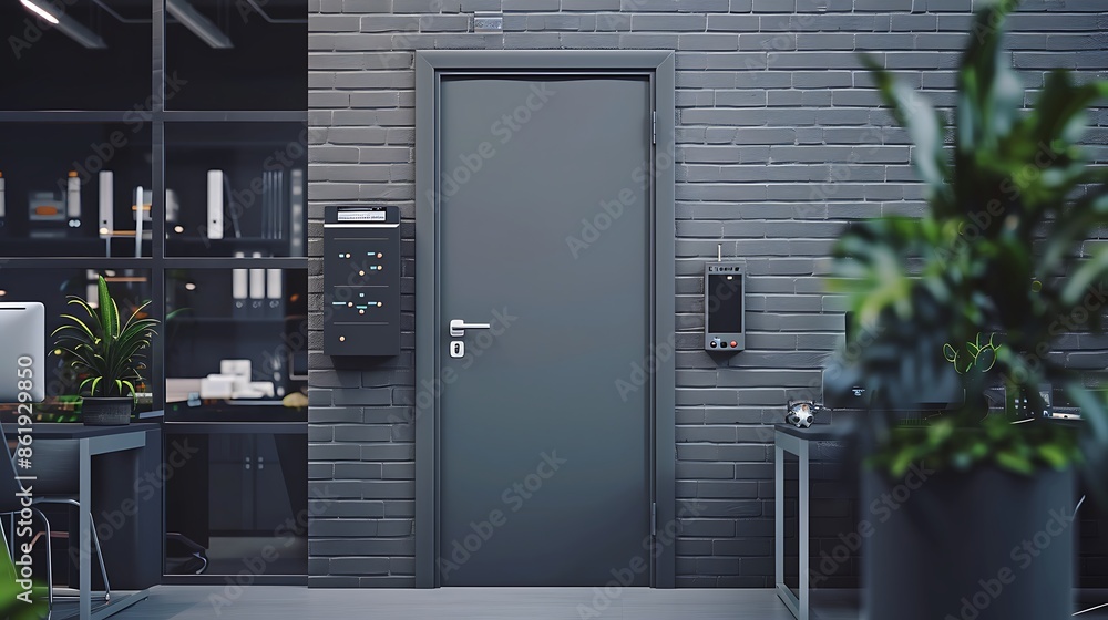 Fototapeta premium slate grey door on a high-tech startup office, featuring sleek design and innovative gadgets on display