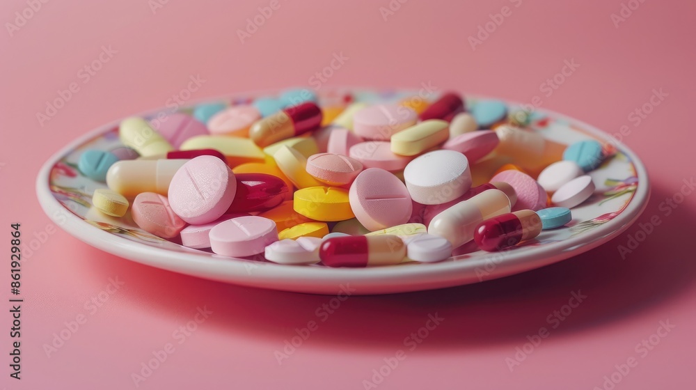 Various colored and shaped pills on ceramic dish with pink backdrop for health support Various colored and shaped pills on ceramic dish with pink backdrop for health support