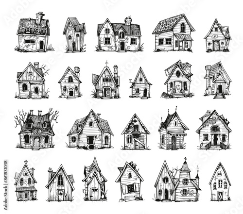 Doodle Style Creepy Houses Set. Low Detailed Line Sketch with Crisp Contours on a White Background Spooky Haunted Houses Illustrations Halloween Buildings Collection Ghostly Homes