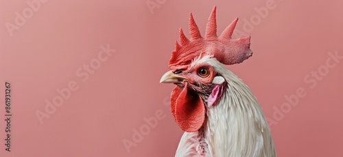 White Rooster Against Pink Background