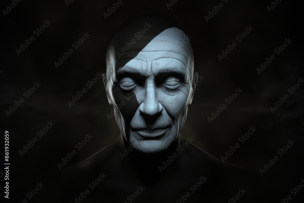 A man with a black and white face in the dark, AI A man with a black and white face in the dark, AI