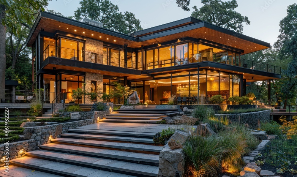 Fototapeta premium Evening shot of a beautiful home exterior with glowing interior lights and meticulously designed landscaping, offering a welcoming feel