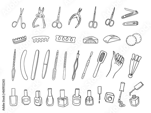 Big set of manicure tools in doodle style. Nail polish, Gel polish, emery board, cuticle scissors, nail file, tweezers, nail clippers, LED nail lamp, Toenail scissors. Hand drawn. Nail studio
