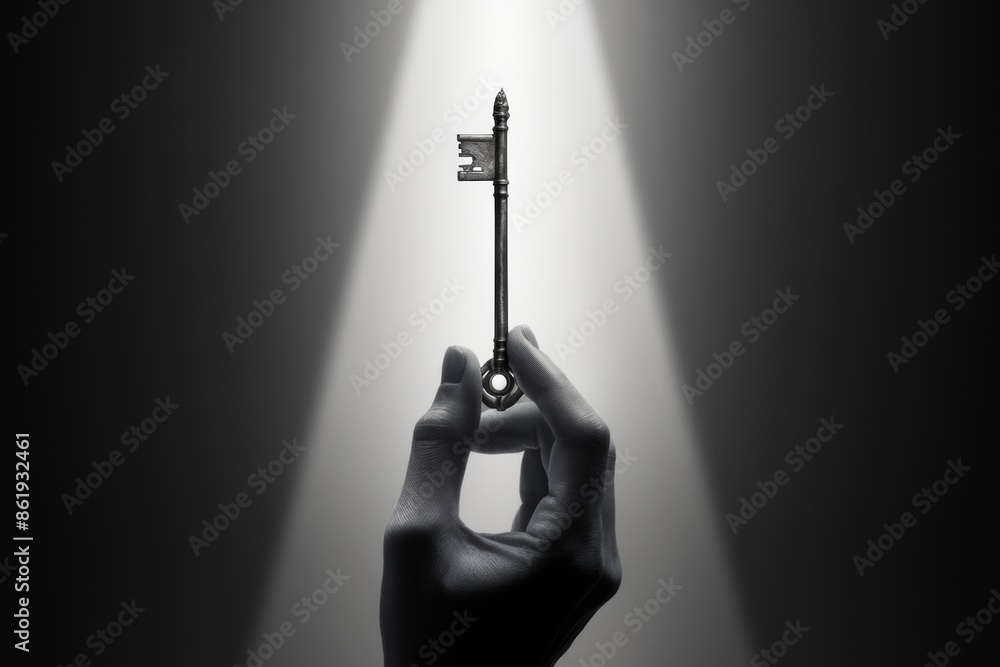 Naklejka premium A hand holding a key with light shining through it, AI