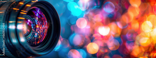Close-up of a camera lens with colorful bokeh lights in the background, emphasizing high-quality professional photography for holidays and celebrations photo