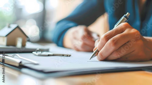 Person’s hands signing a real estate document, with a small house model