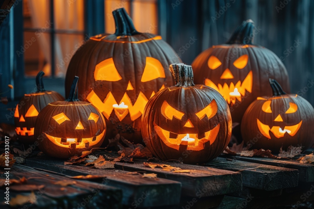 Halloween night features illuminated carved pumpkins with evil faces, glowing in the darkness and contributing to a spooky, eerie vibe Halloween night features illuminated carved pumpkins with evil faces, glowing in the darkness and contributing to a spooky, eerie vibe