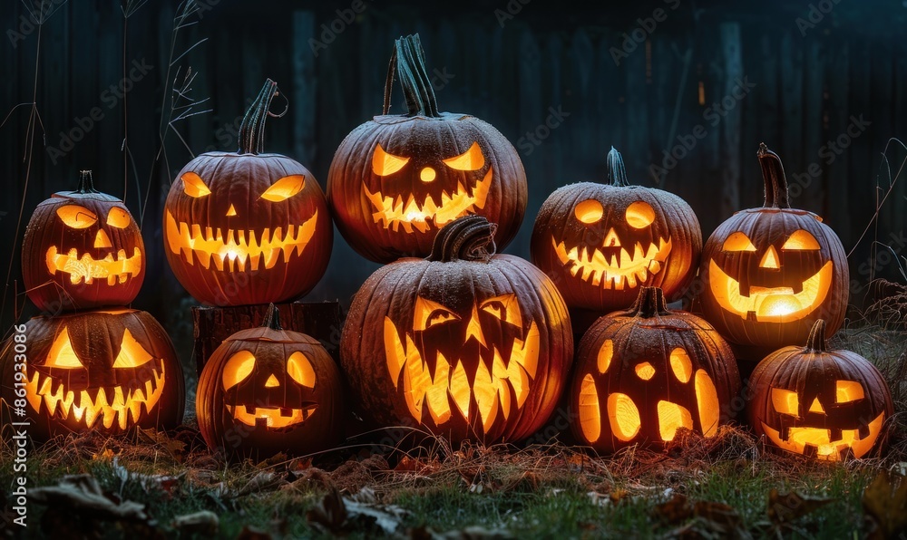 Fototapeta premium Different evil-faced pumpkins are illuminated in the darkness on Halloween night, casting an eerie glow and adding to the spooky festive atmosphere