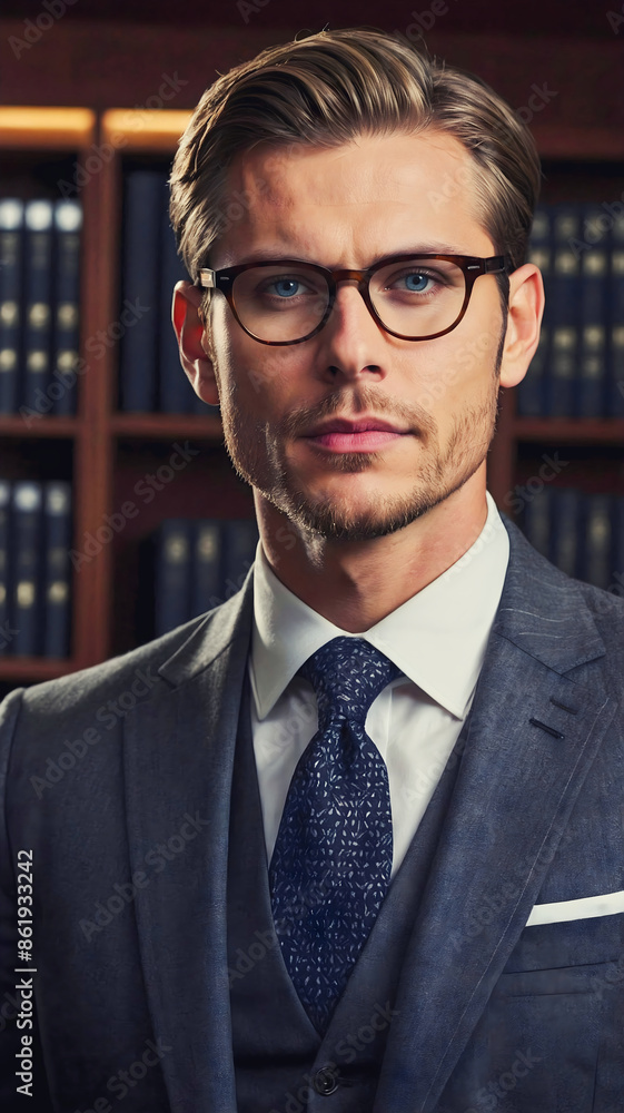 Portrait of handsome, elegant, confident, businessman in suit wearing glasses, successful people
