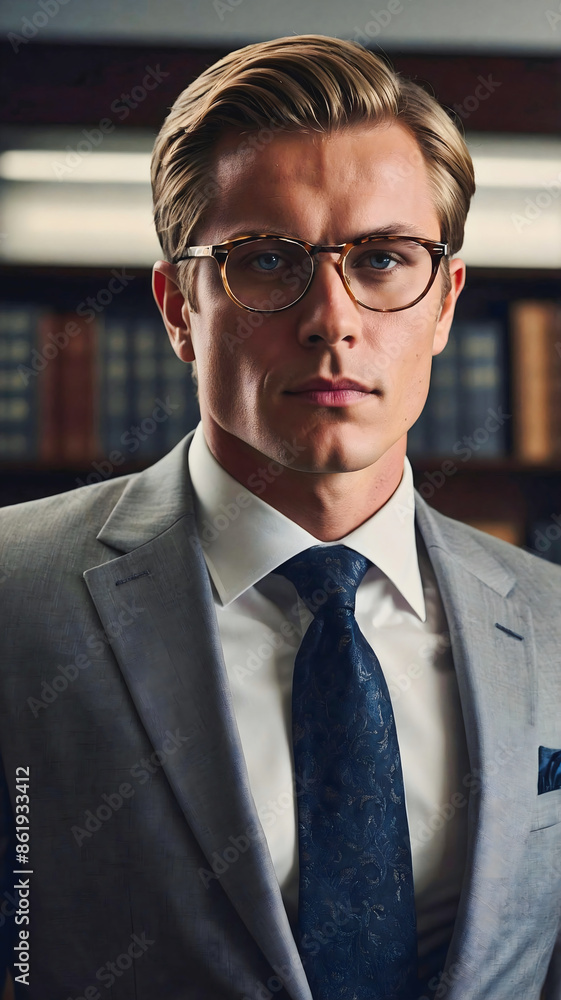 Portrait of handsome, elegant, confident, businessman in suit wearing glasses, successful people