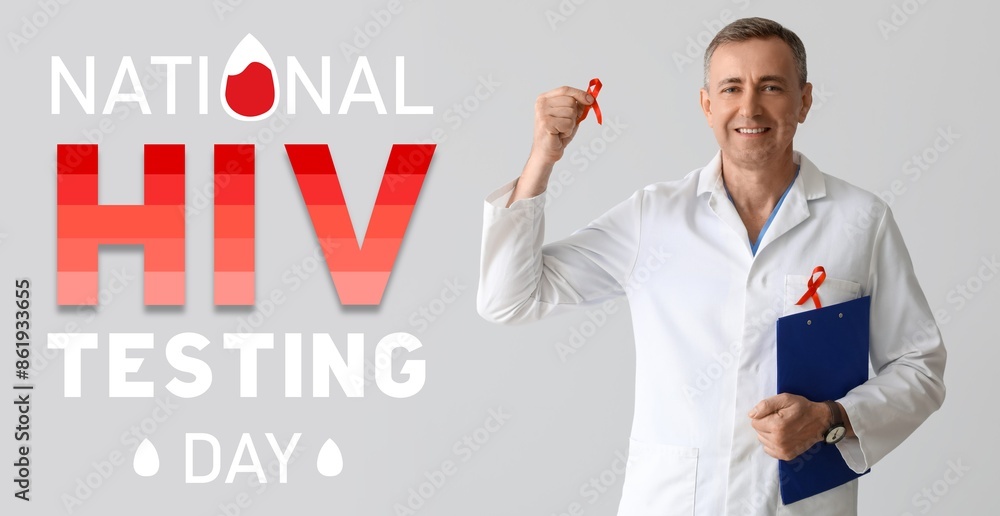 Banner for National HIV Testing Day with mature doctor holding red awareness ribbon Banner for National HIV Testing Day with mature doctor holding red awareness ribbon