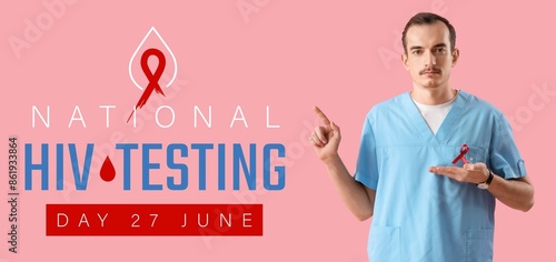 Banner for National HIV Testing Day with young doctor holding red awareness ribbon photo