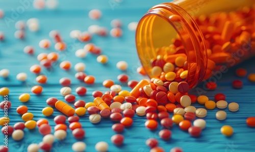 Orange prescription medicine bottle spills colorful pharmaceutical pills, demonstrating the availability of diverse medication types
