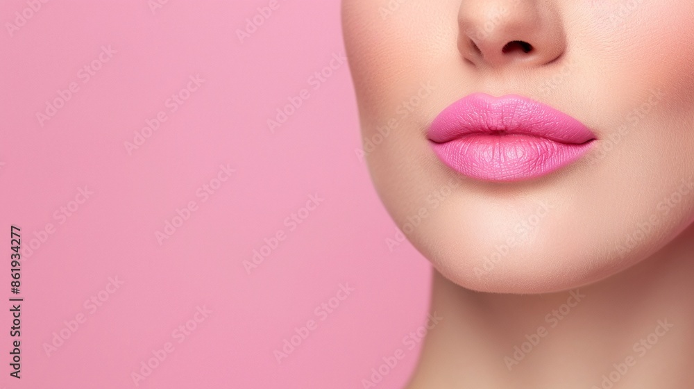 Obraz premium Close-Up of Pink Lips on Pink Background, Vibrant Pink Lip Color, Beauty and Makeup Concept, Bold and Feminine Look, Perfect Lip Makeup, Pink Themed Portrait, Focus on Pink Lips