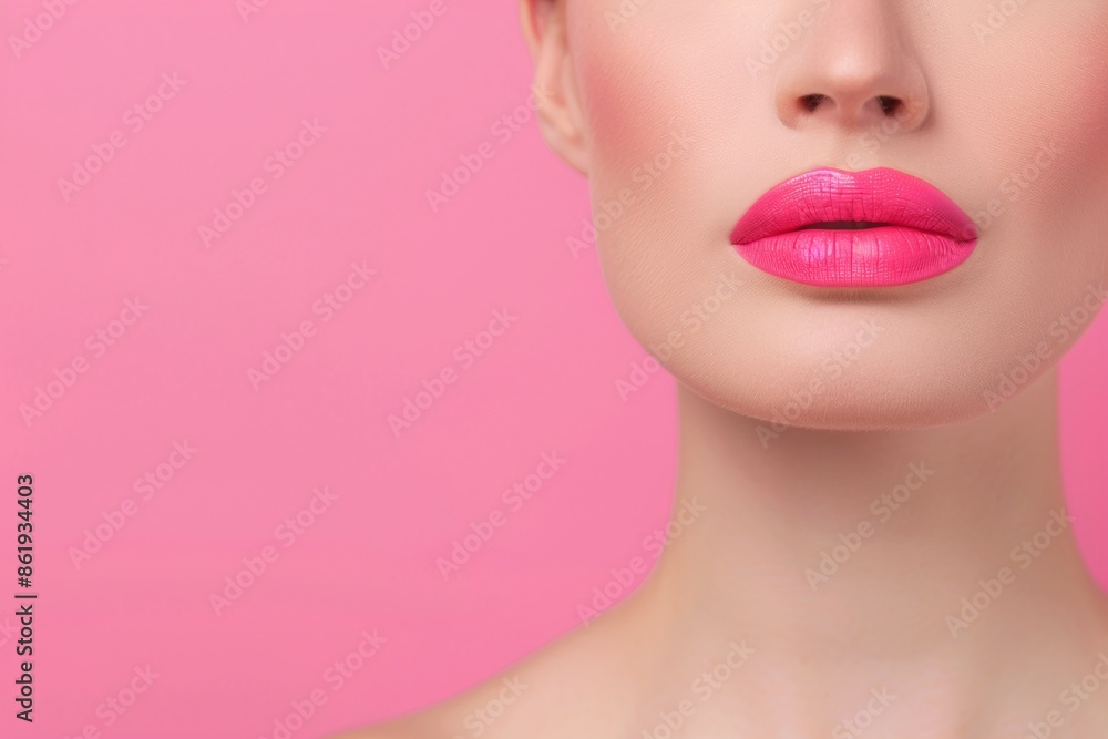 Obraz premium Close-Up of Pink Lips on Pink Background, Vibrant Pink Lip Color, Beauty and Makeup Concept, Bold and Feminine Look, Perfect Lip Makeup, Pink Themed Portrait, Focus on Pink Lips