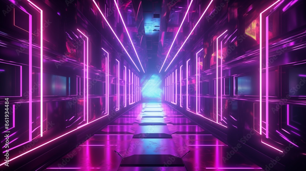Fototapeta premium Futuristic Neon Hallway with Glowing Purple and Blue Lights