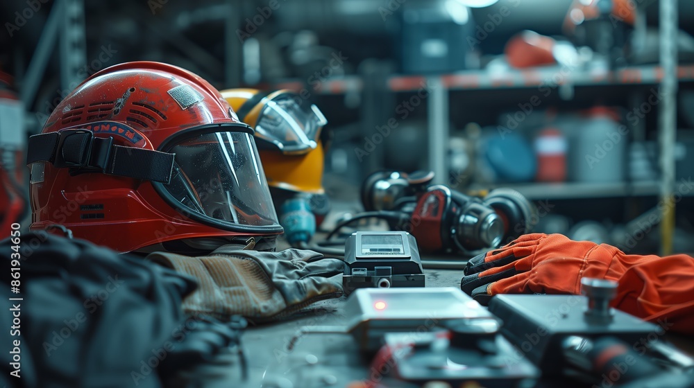High-Tech Mining Safety Equipment Laid Out on Table High-Tech Mining Safety Equipment Laid Out on Table