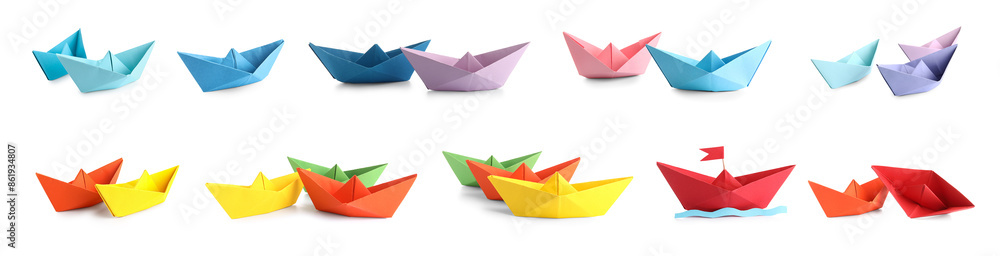 Set of origami boats on white background Set of origami boats on white background
