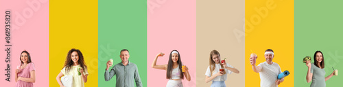 Group of people with healthy smoothie on color background