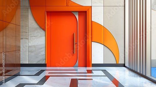 vibrant orange door with a bold, abstract design, set in a contemporary entryway with clean lines and a geometric floor pattern