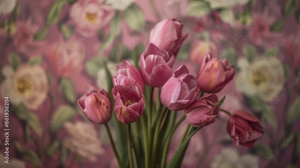 Purple tulip bouquet on floral backdrop eye level spring flower photography Purple tulip bouquet on floral backdrop eye level spring flower photography