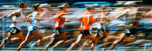 Intense close up of marathon runners in a fiercely competitive and challenging race event