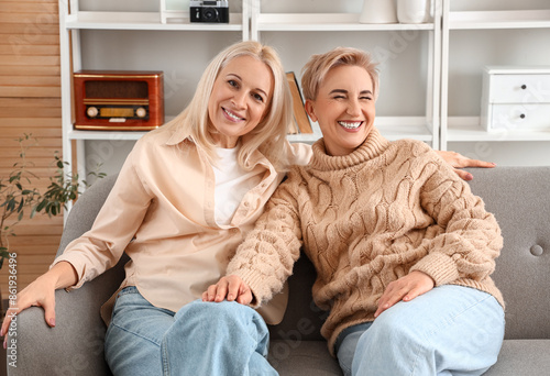 Two happy mature women rela...