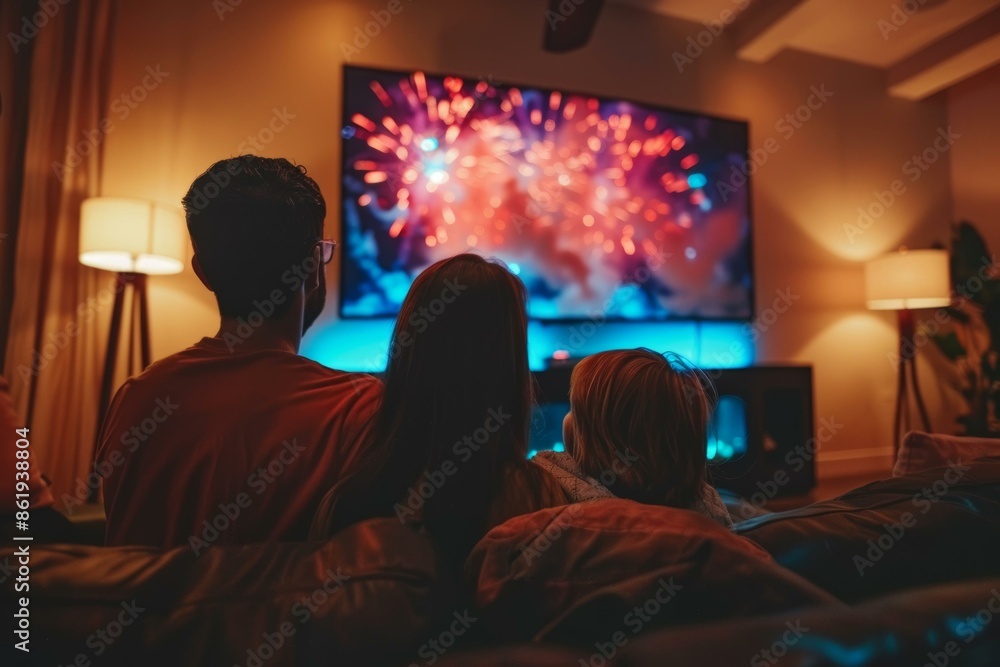 Family watching fireworks on TV, cozy room ambiance, engaging in educational content. Great for learning concepts at home. Family watching fireworks on TV, cozy room ambiance, engaging in educational content. Great for learning concepts at home.