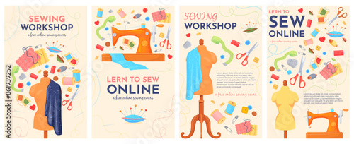 Dressmaker poster. Sewing studio equipment handmade hobby workshop posters, craft sew clothing service tailor or dress designer business dressmaking advertising illustration