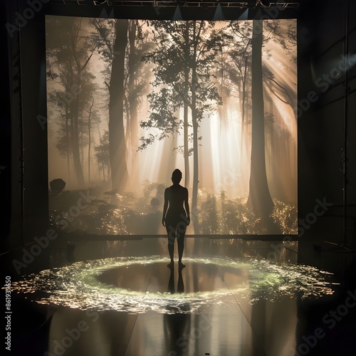 A dancer performs on a stage with a forest projection, symbolizing stability and growth. photo