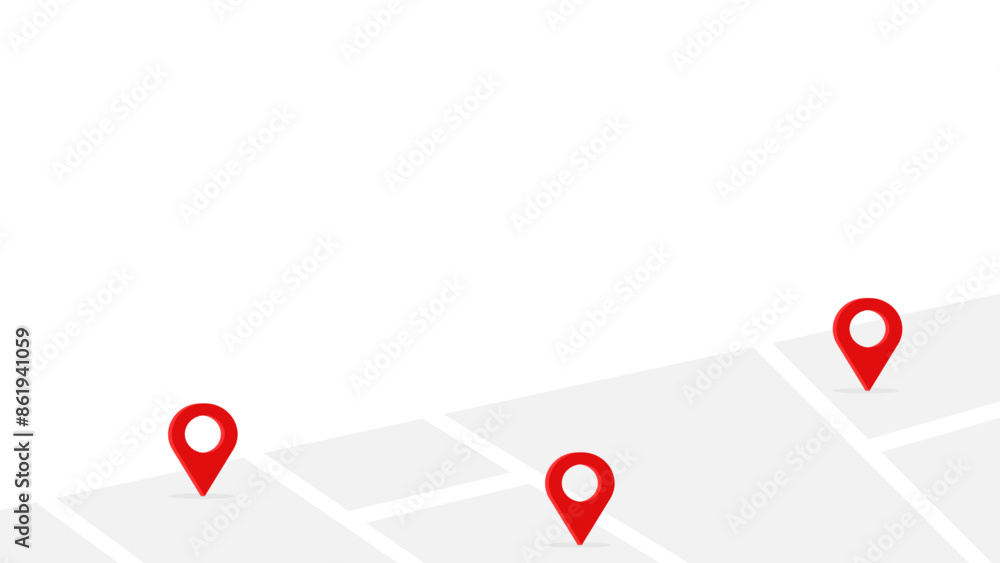 Geolocation themed background with three red location markers on a simple white and gray map Geolocation themed background with three red location markers on a simple white and gray map