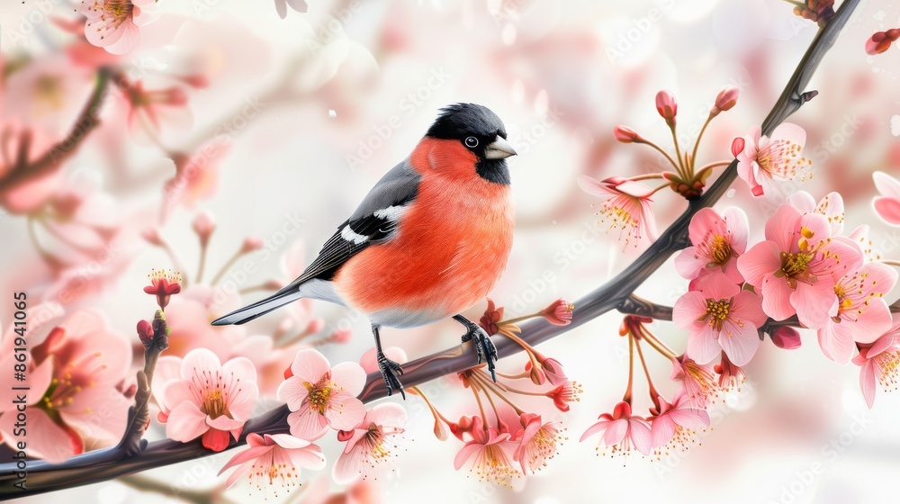 Bullfinch perched on cherry blossom branch during spring, elegant and serene nature scene Bullfinch perched on cherry blossom branch during spring, elegant and serene nature scene