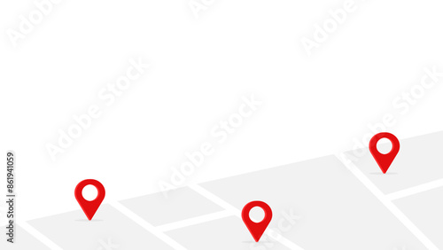 Geolocation themed background with three red location markers on a simple white and gray map