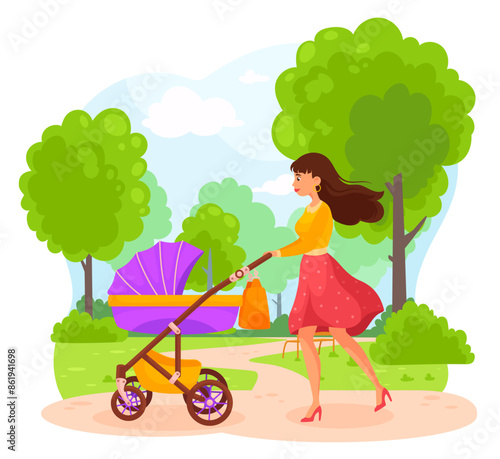 Mother walking stroller. Babysitter or mom walk with baby pushchair in summer park, young mum push child carriage mommy pushing pram kid buggy wagon, ingenious illustration