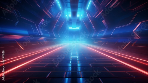 Wallpaper Mural Futuristic Neon Tunnel with Blue and Red Lights Creating a Cyberpunk Environment Torontodigital.ca