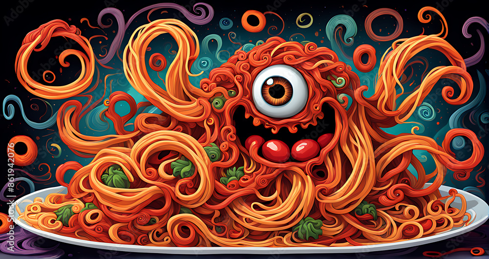 Fototapeta  Spaghetti monster pasta flying halloween funny food pastafarian sauce cartoon. Pop spaghetti pasta monster dish scary head art spooky fun meatball humor tomato isolated atheist religious lunch holy. 