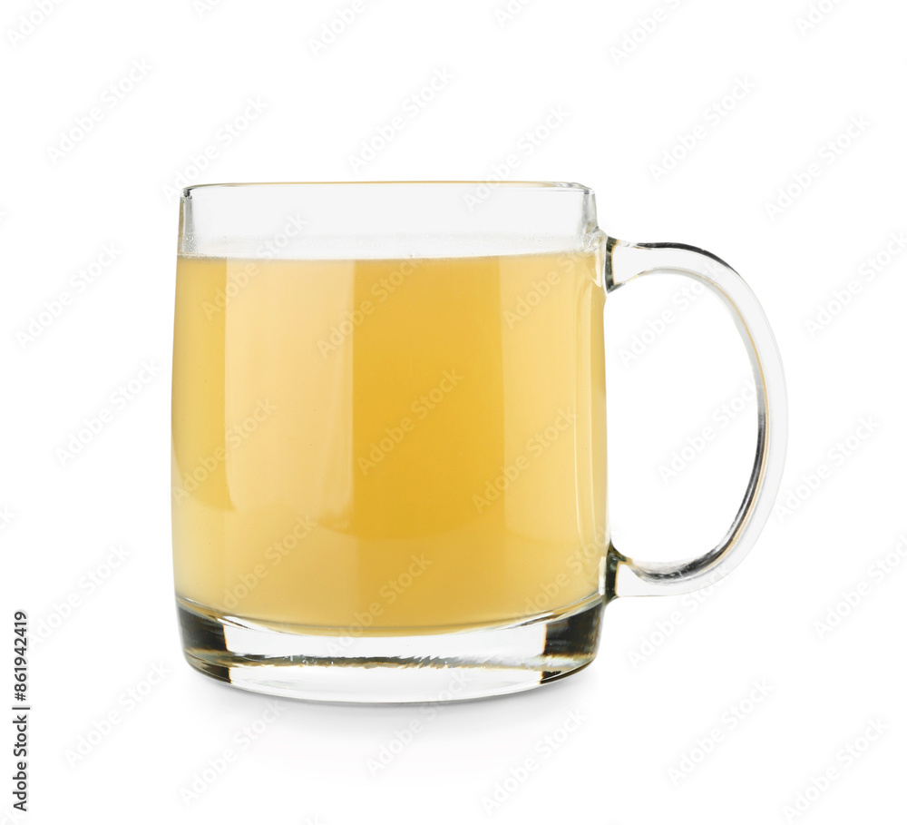 Glass cup of tasty vegetable broth on white background Glass cup of tasty vegetable broth on white background