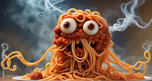  Spaghetti monster pasta flying halloween funny food pastafarian sauce cartoon. Pop spaghetti pasta monster dish scary head art spooky fun meatball humor tomato isolated atheist religious lunch holy.  photo