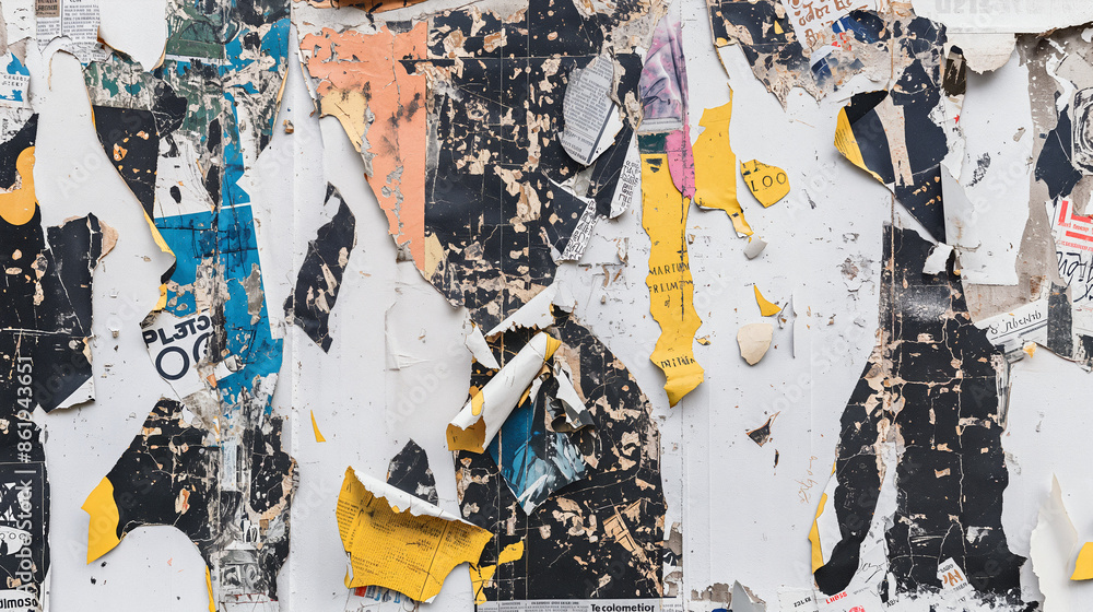 Fototapeta premium A weathered urban wall is covered with torn, overlapping posters and flyers, showing various sections of text and graphics in daylight - Generative AI