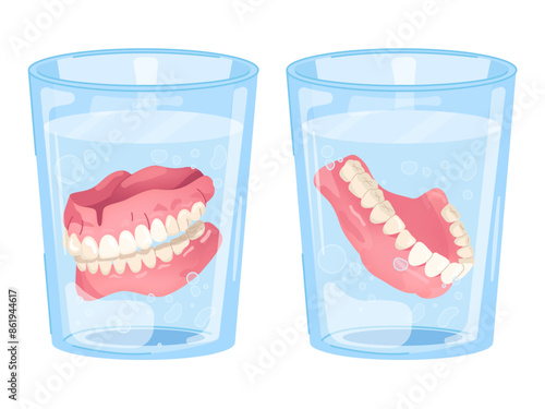 Denture in water. Smiling dentures false jaw removable tooth gum prosthesis in clean glass, teeth cleaning dental care treatment, dentistry medical joke swanky illustration