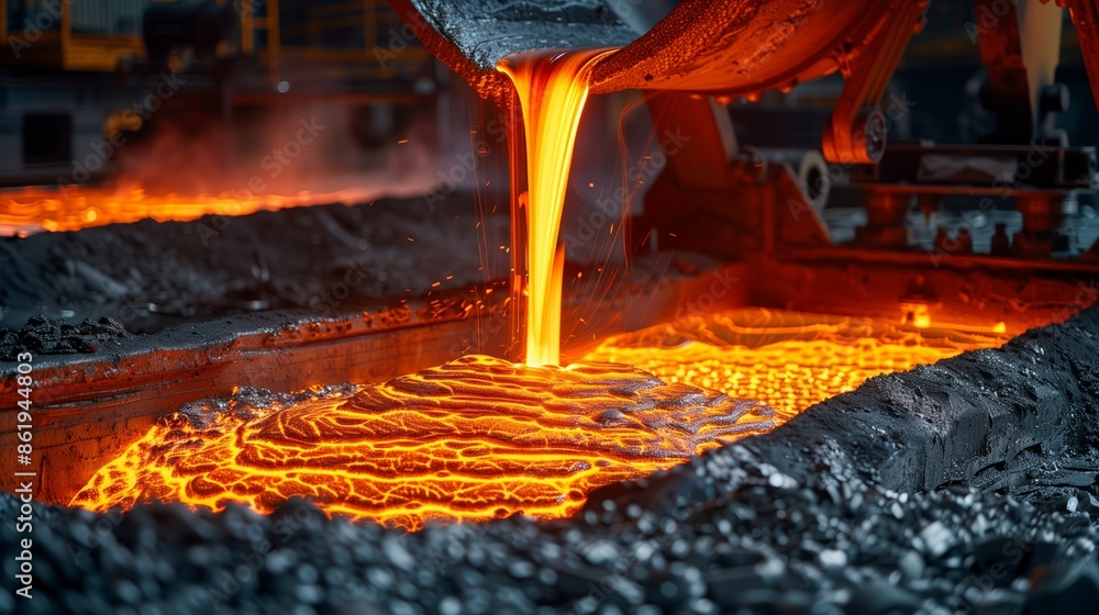 High-Detail Image of Metal Refinery with Molten Metal Pouring High-Detail Image of Metal Refinery with Molten Metal Pouring