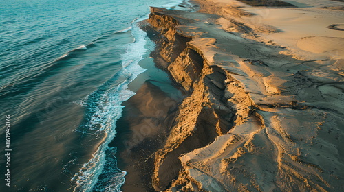 A coastline eroded and reshaped by storm surges and sea level rise, demonstrating the long-term consequences of climate change on coastal geomorphology. Climate change