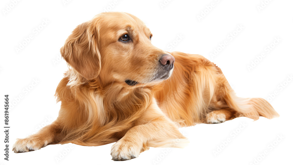 Golden retriever dog on white. Golden Retriever dog laying down and looking to the side on a white background Golden retriever dog on white. Golden Retriever dog laying down and looking to the side on a white background